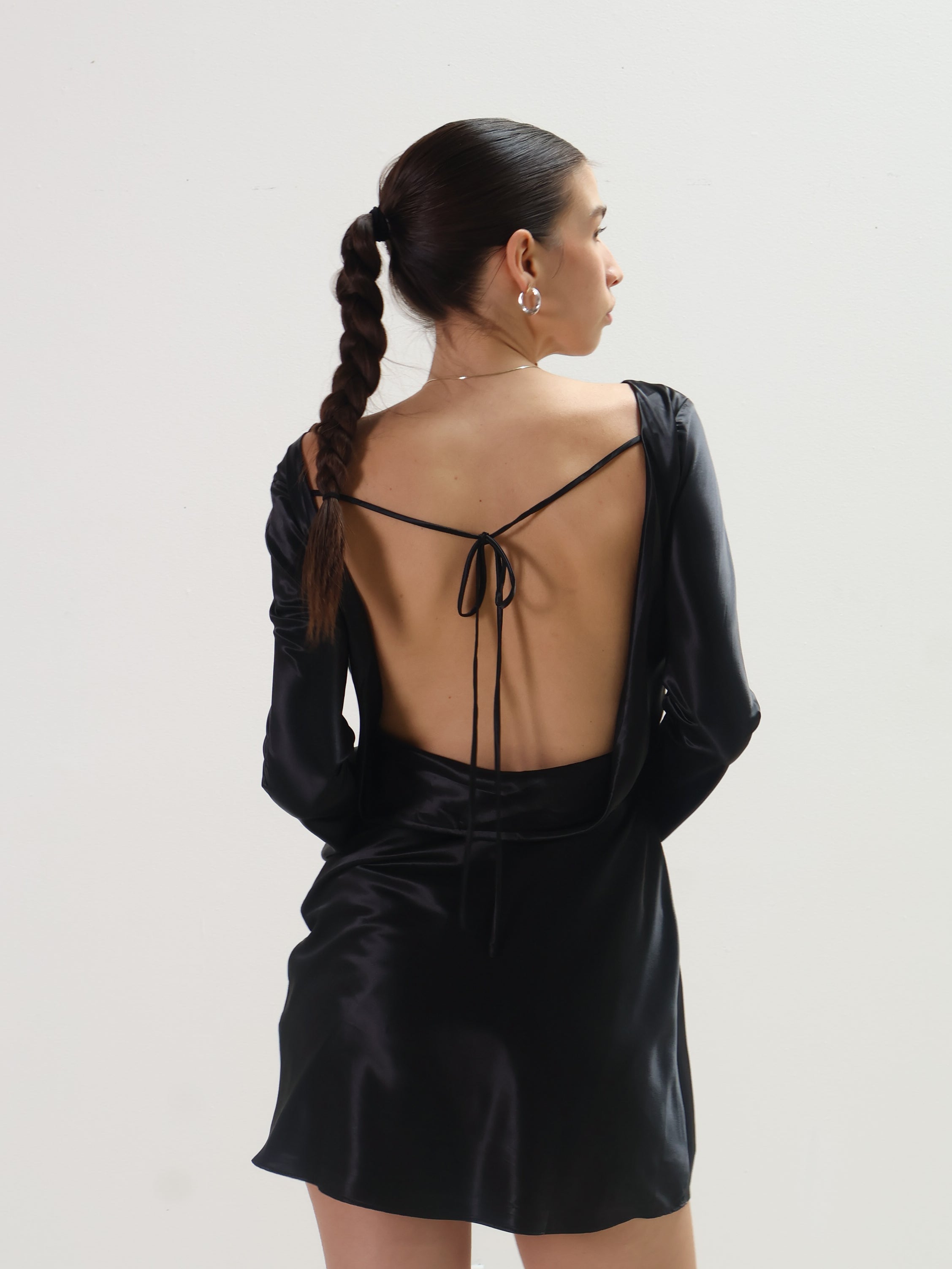 Black Satin Kim Open Back Mini Dress