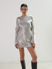 Silver Satin Kim Open Back Mini Dress