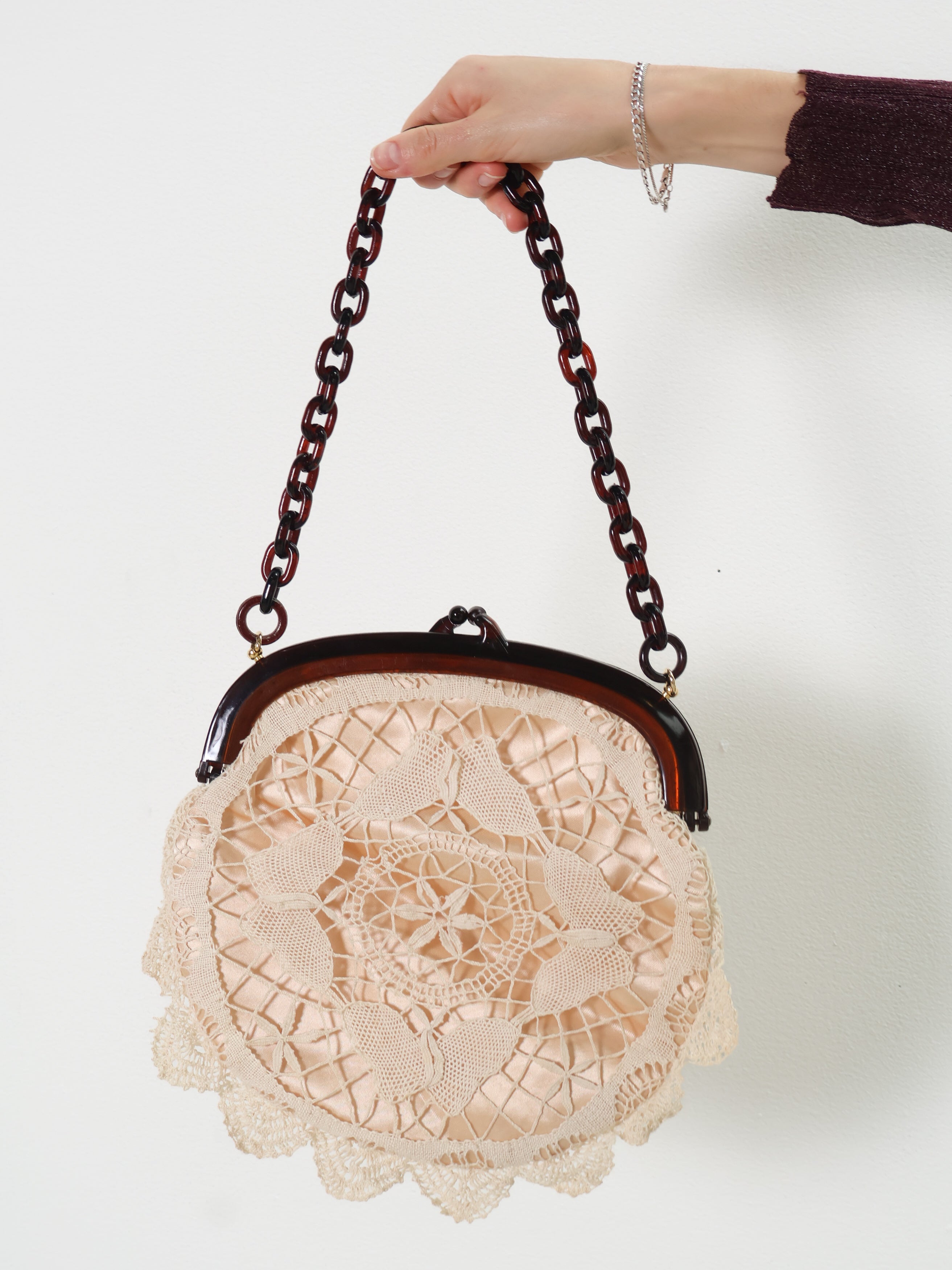 Vintage Mahogany Lucite Crochet Purse