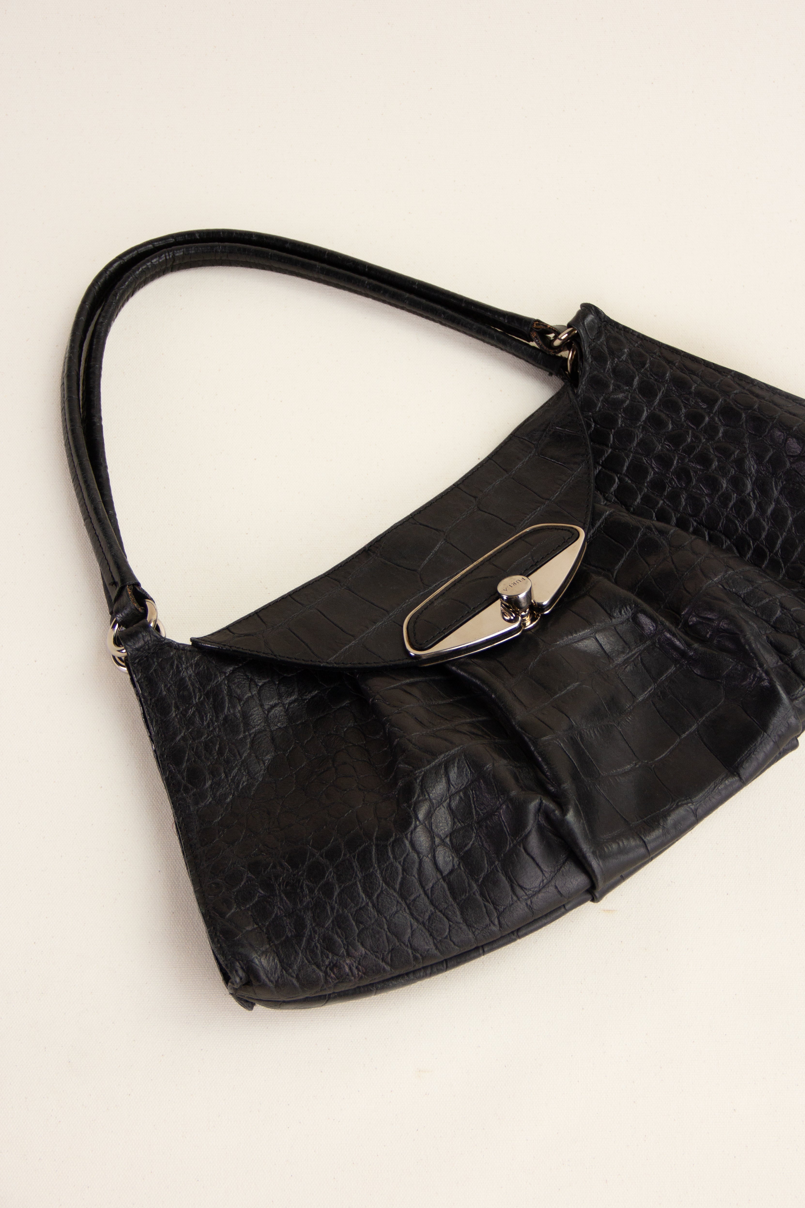 Vintage Furla Black Croc Leather Shoulder Bag