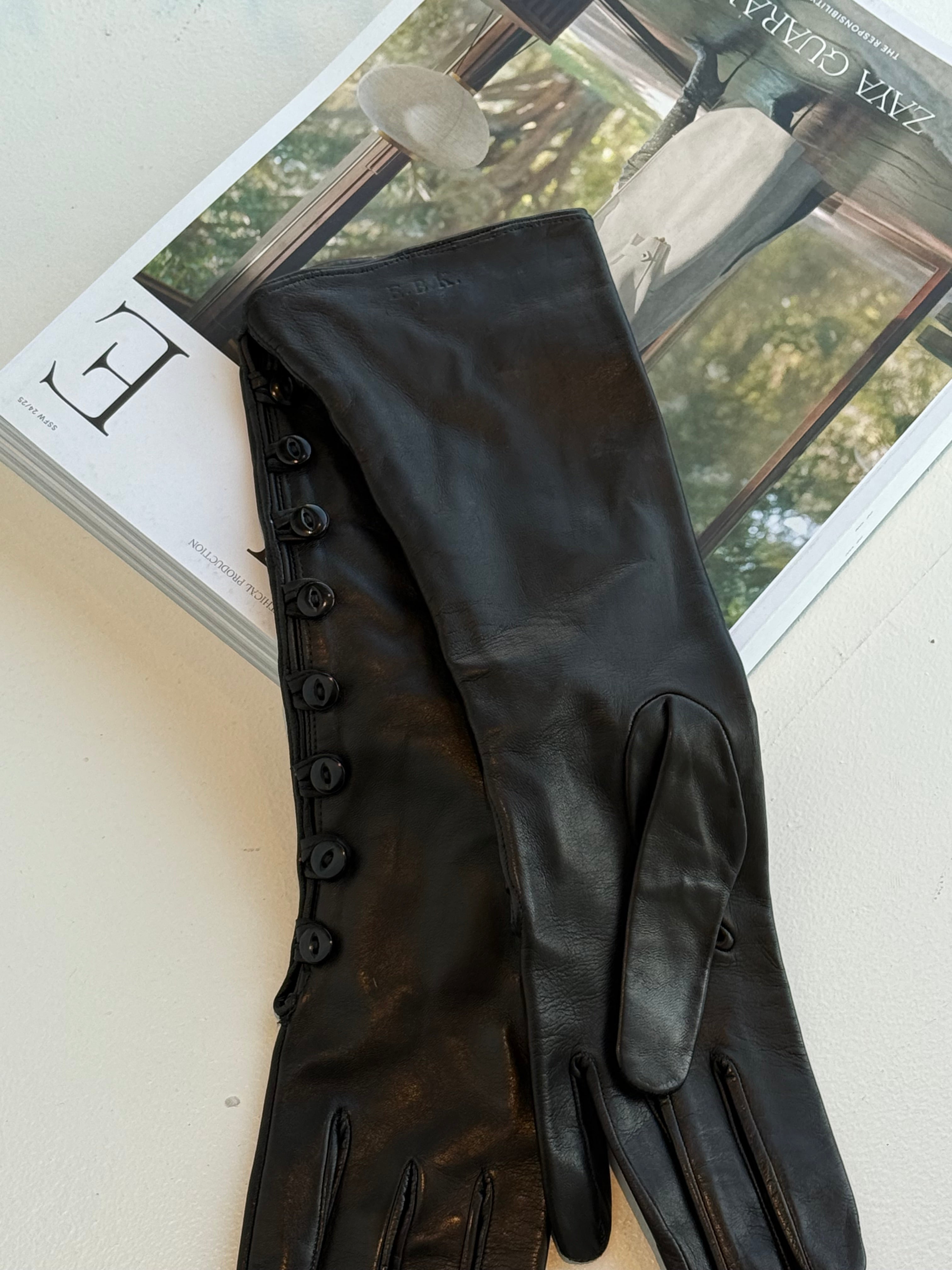Vintage Italian Leather Black Button Gloves