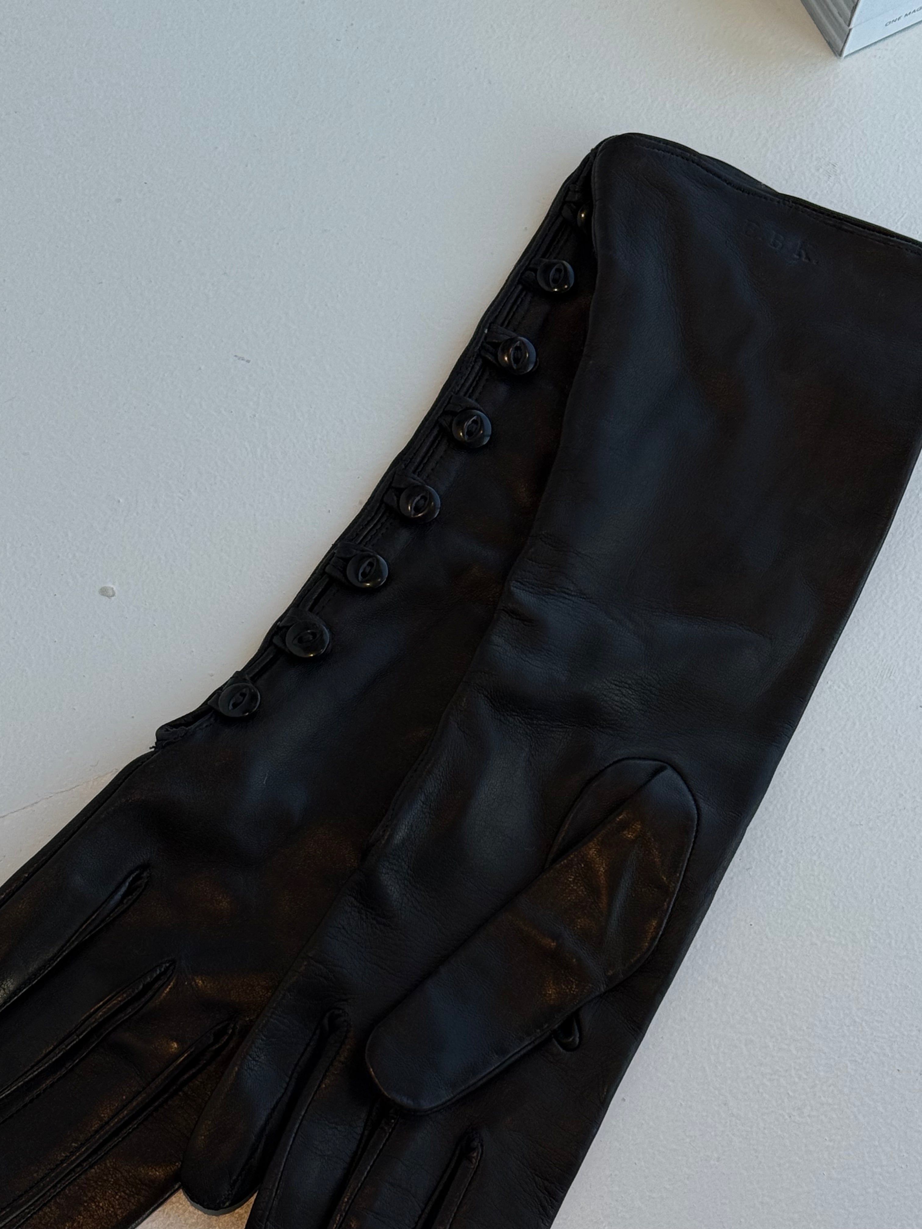 Vintage Italian Leather Black Button Gloves