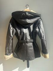 Vintage Leather Shearling Tie Waist Coat With Hood
