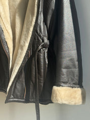 Vintage Leather Shearling Tie Waist Coat With Hood
