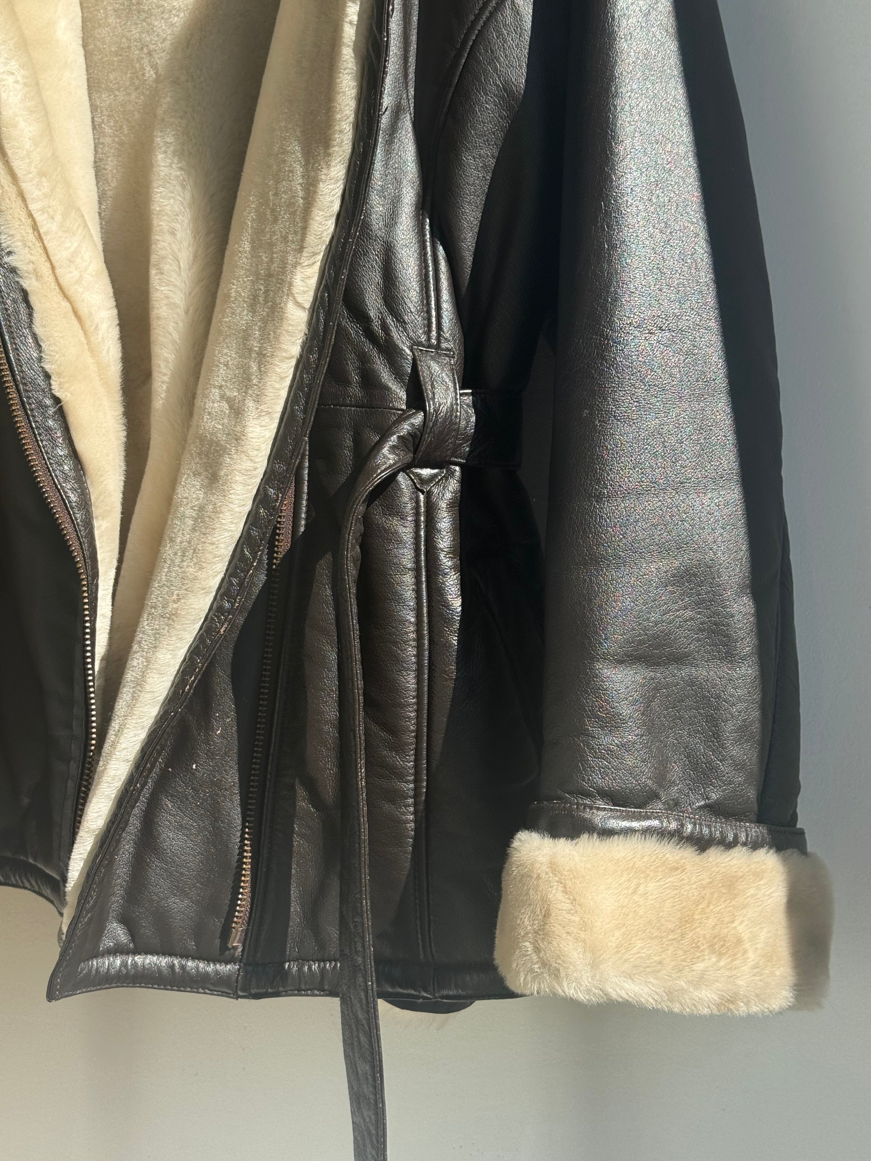Vintage Leather Shearling Tie Waist Coat With Hood