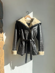 Vintage Leather Shearling Tie Waist Coat With Hood