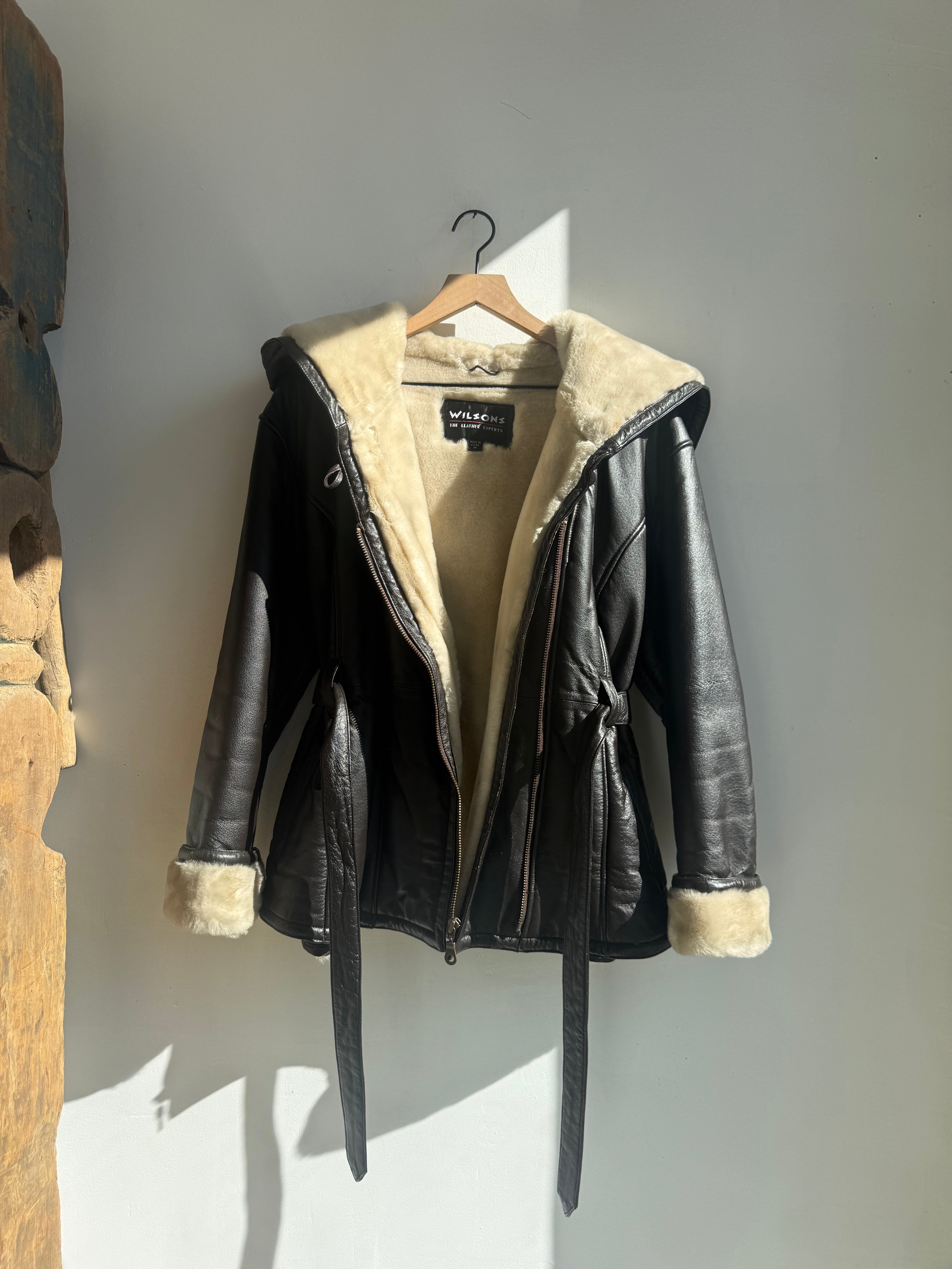 Vintage Leather Shearling Tie Waist Coat With Hood