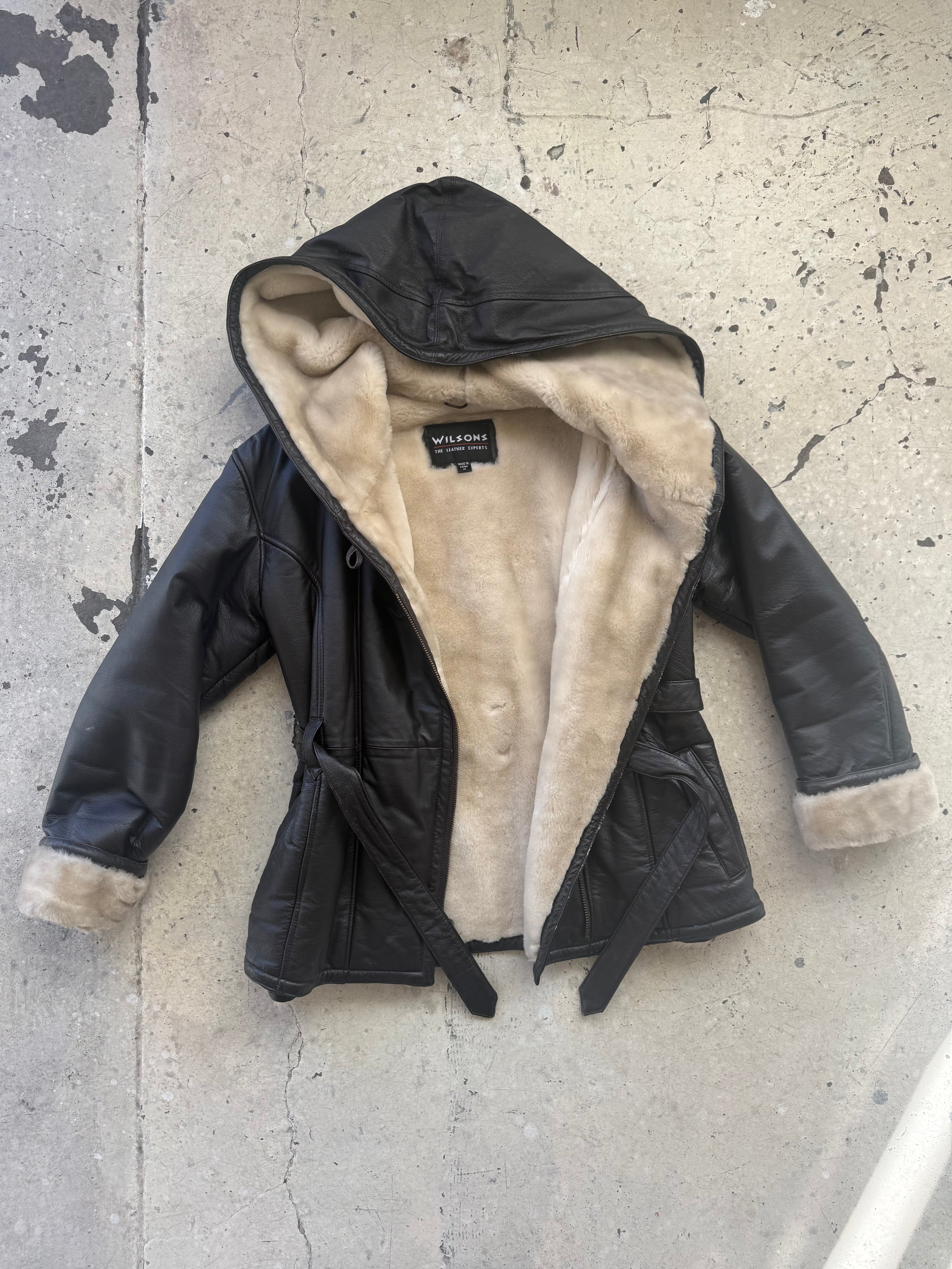 Vintage Leather Shearling Tie Waist Coat With Hood