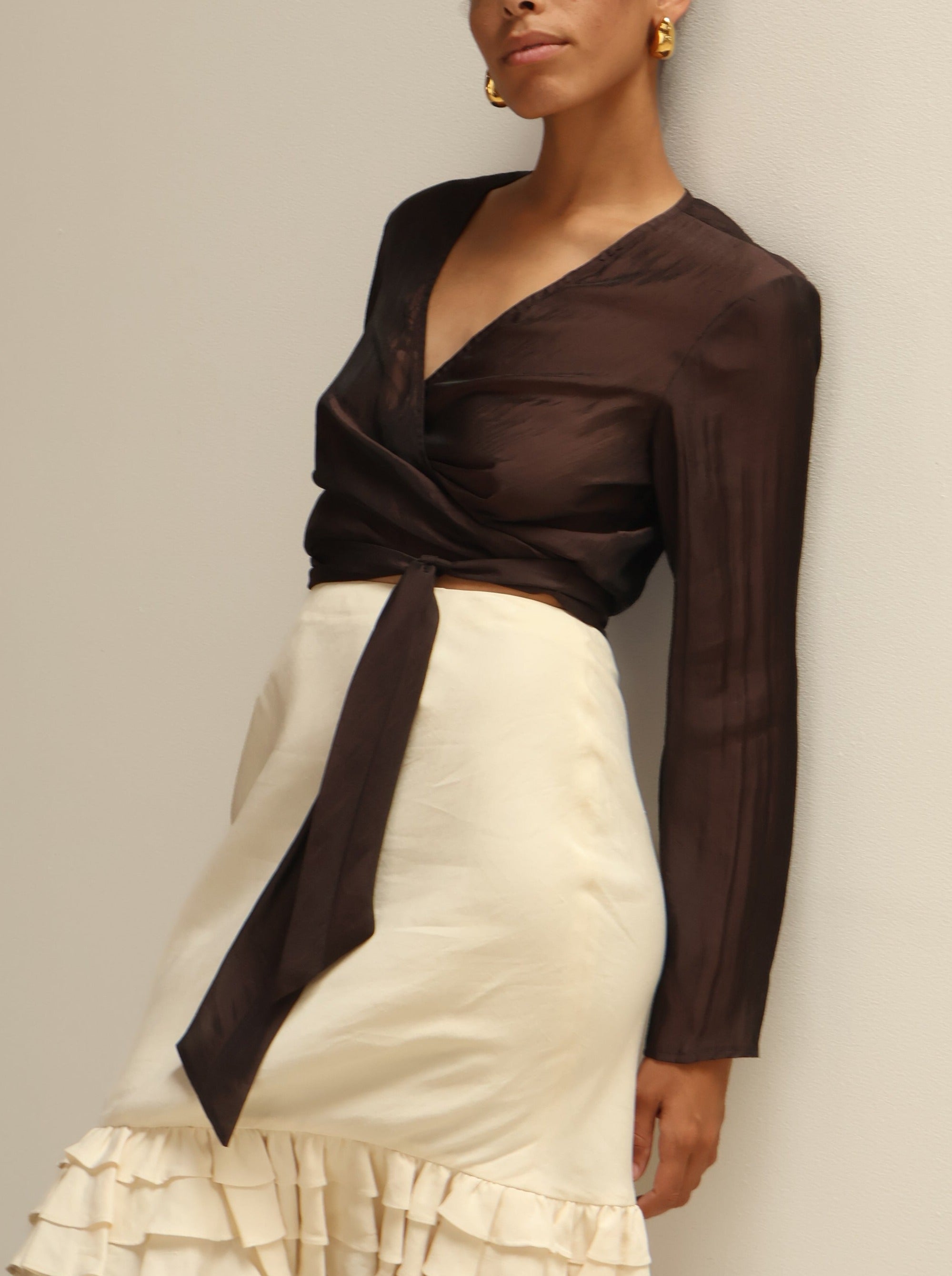 Vintage Brown Sheer Silk Wrap Top