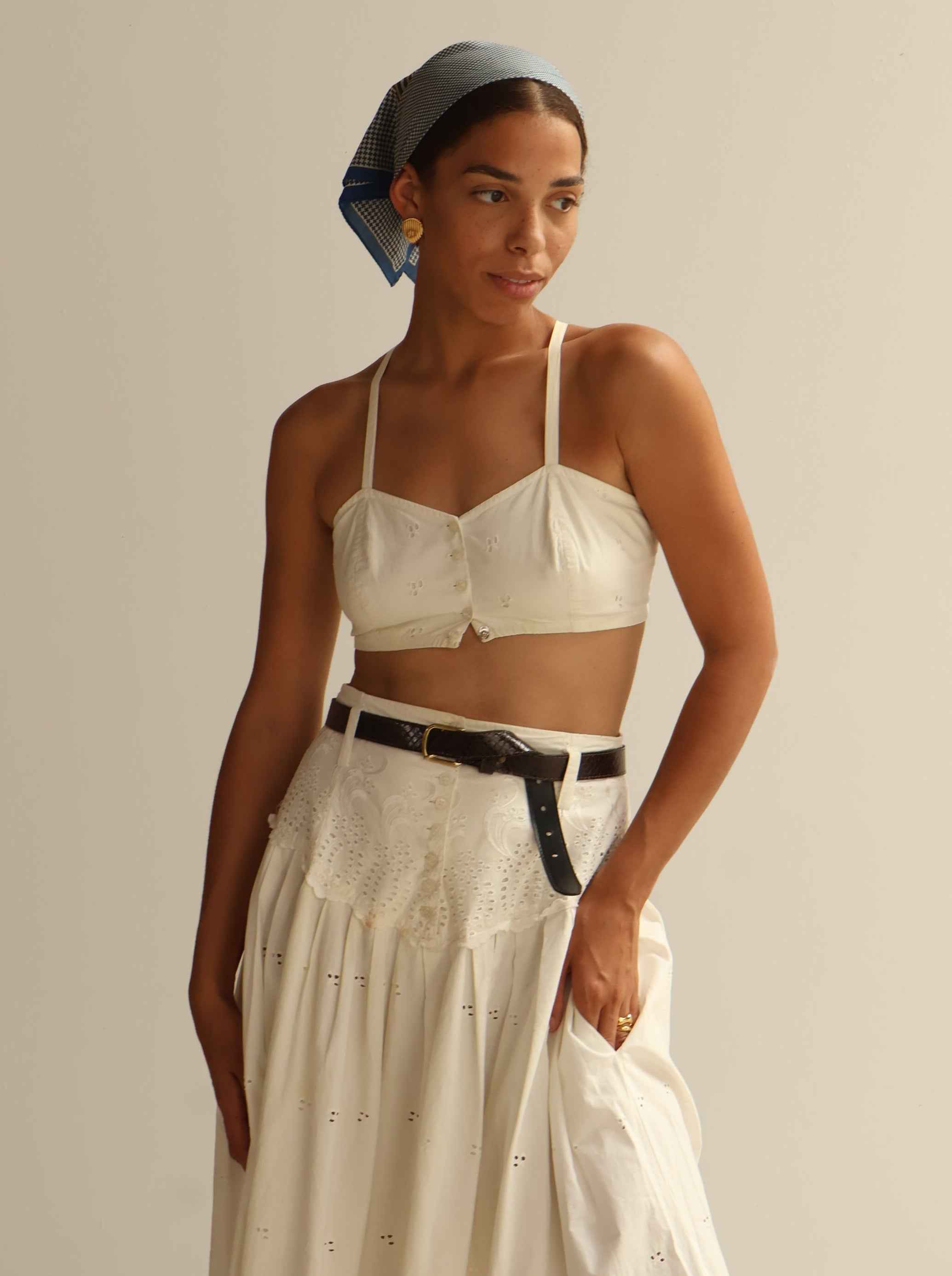 Vintage Ivory Eyelet Cotton Bralette + Skirt Set