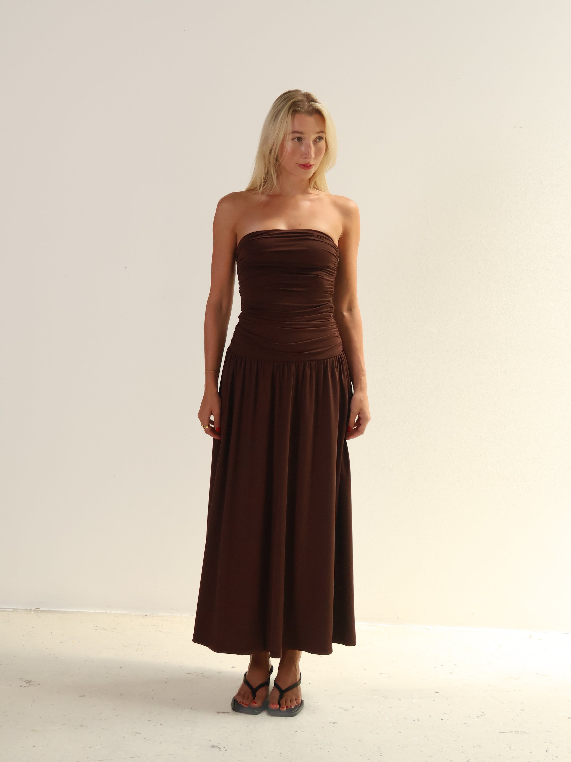 Espresso Strapless Ruched Dress