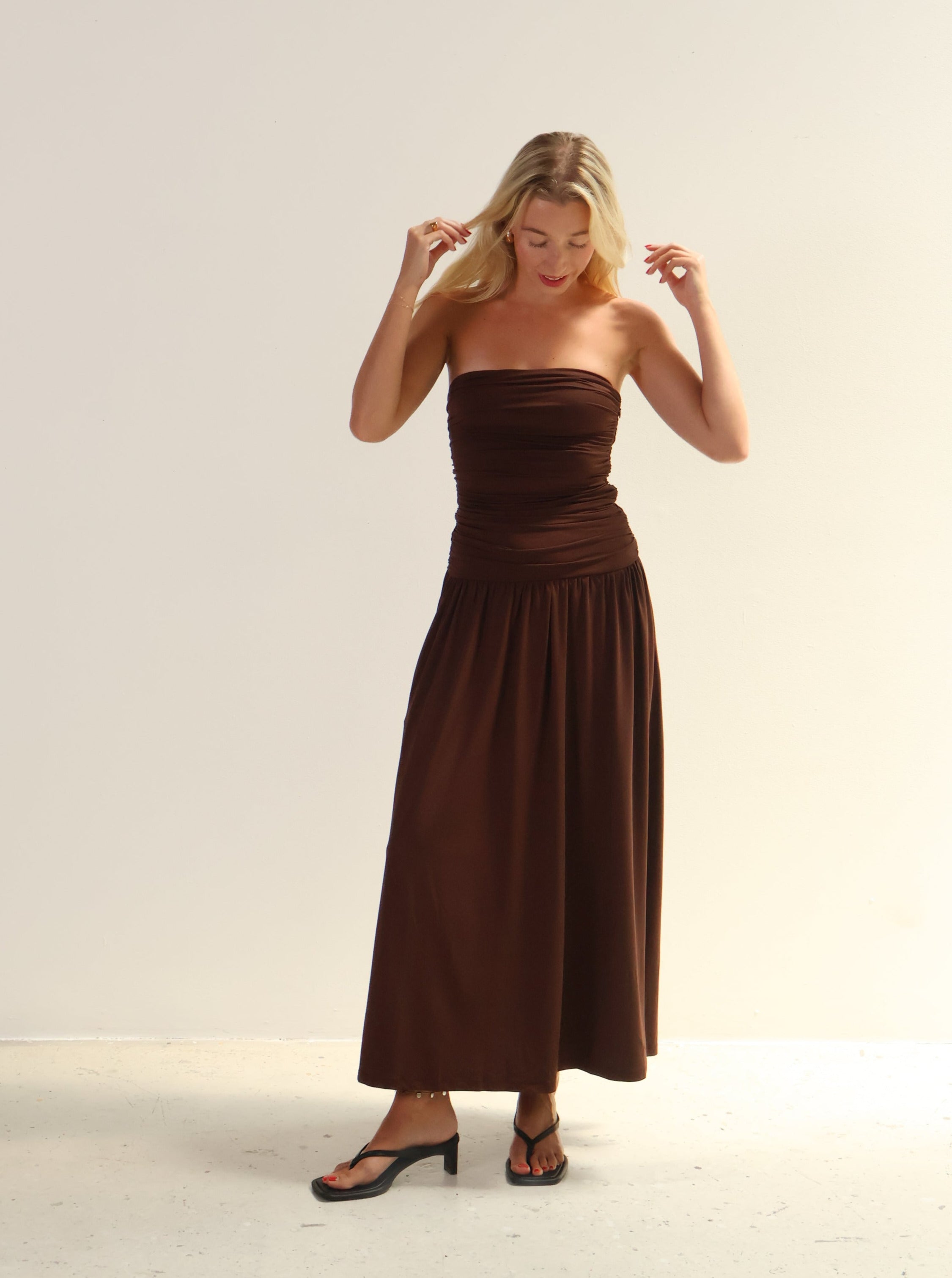 Espresso Strapless Ruched Dress