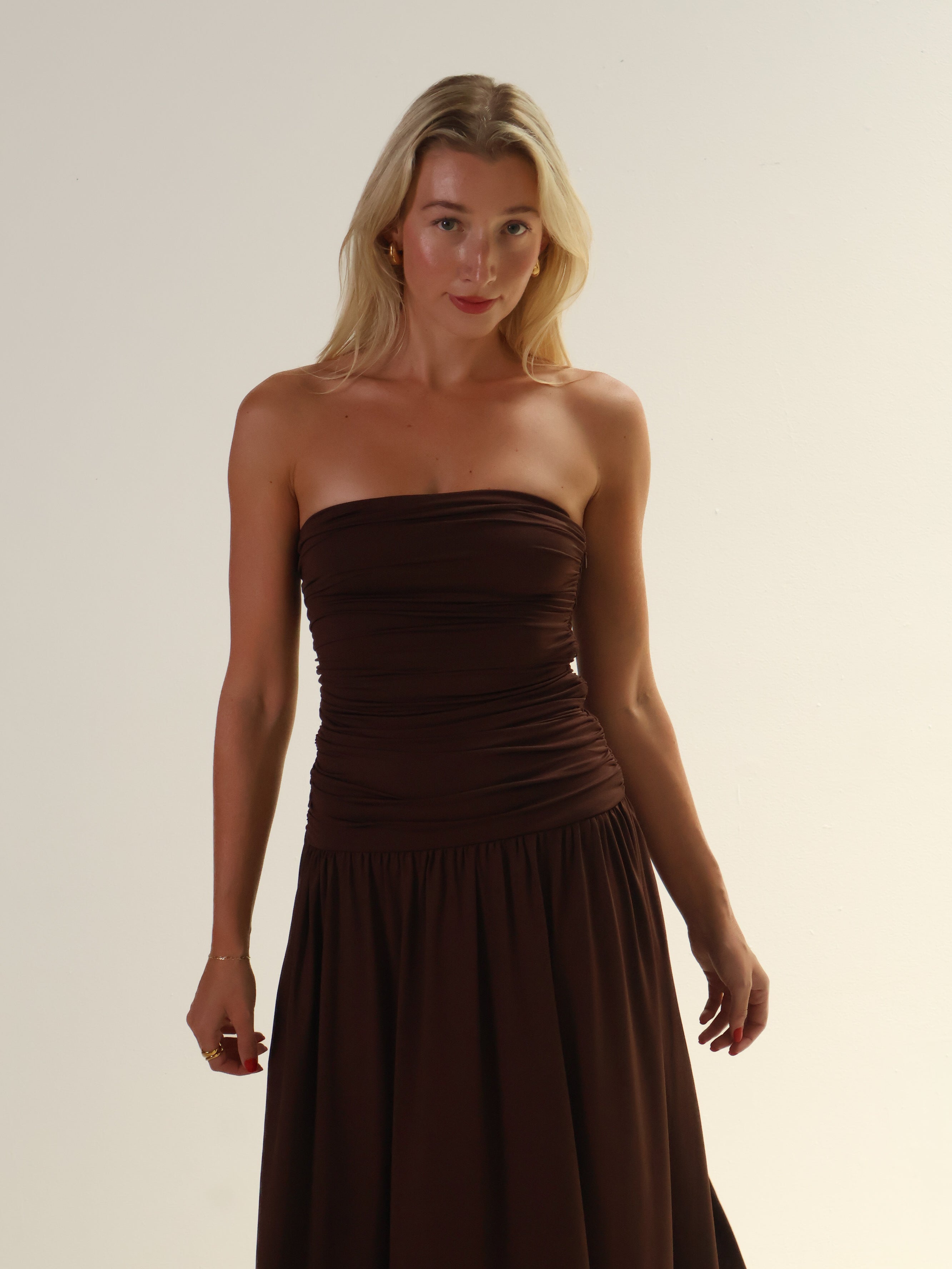 Espresso Strapless Ruched Dress