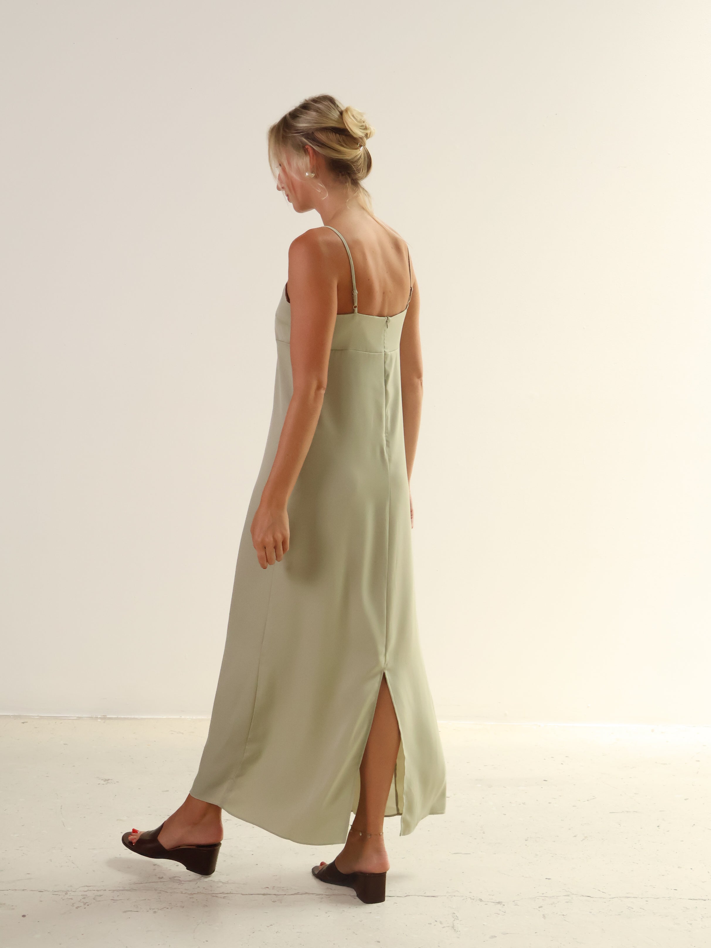 Sage Satin Square Neck Dress