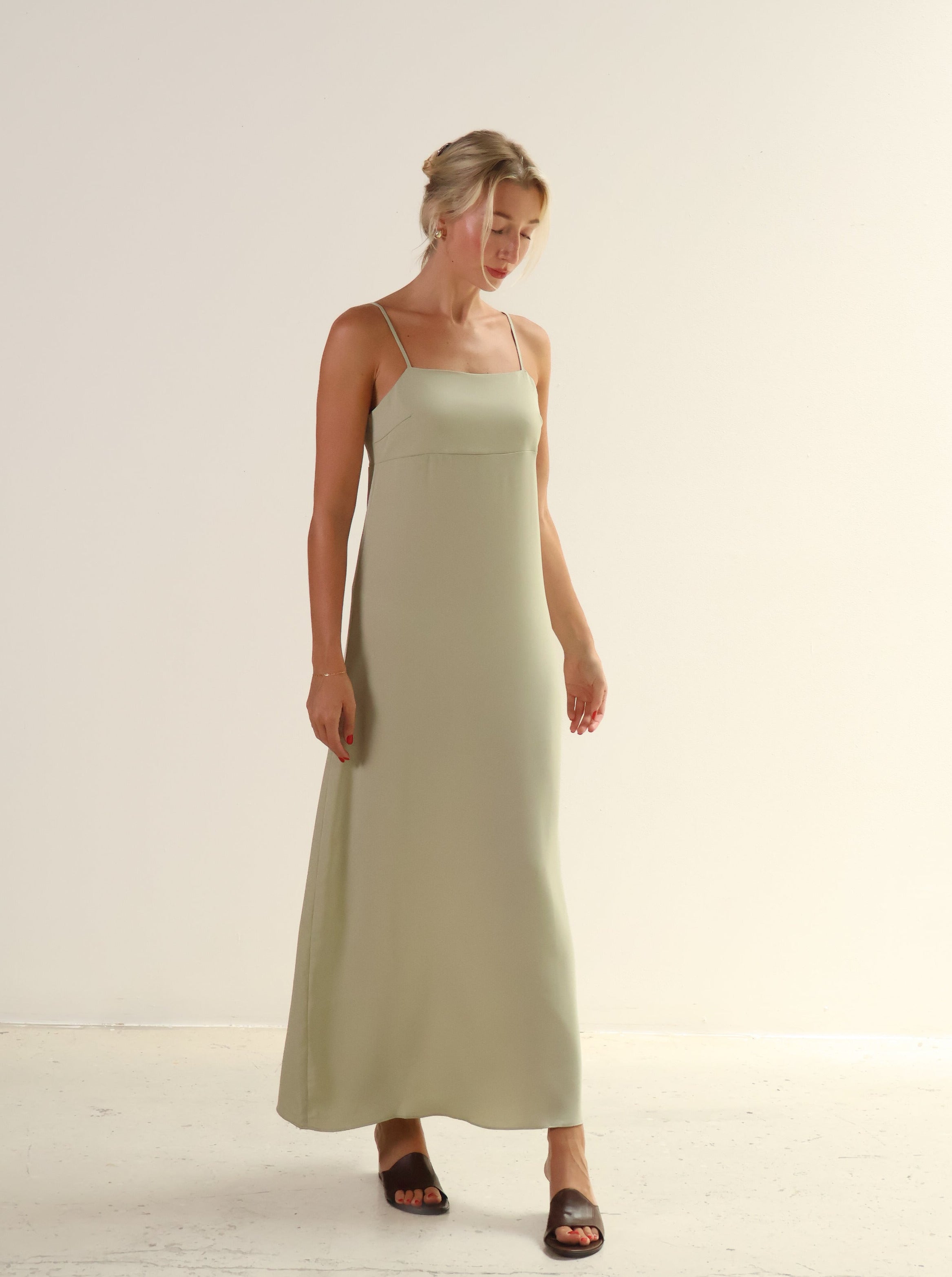 Sage Satin Square Neck Dress