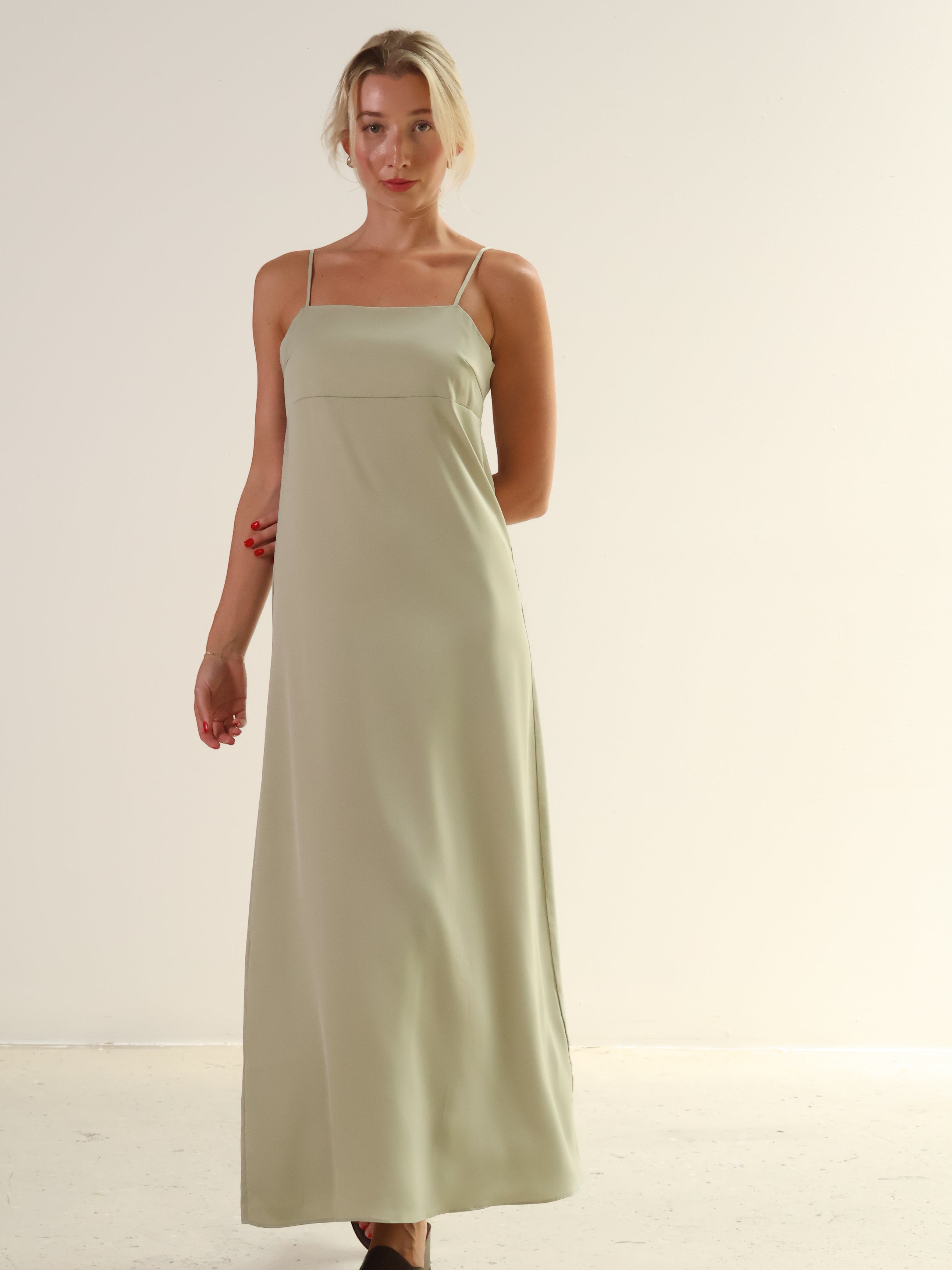 Sage Satin Square Neck Dress