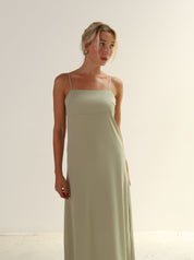 Sage Satin Square Neck Dress