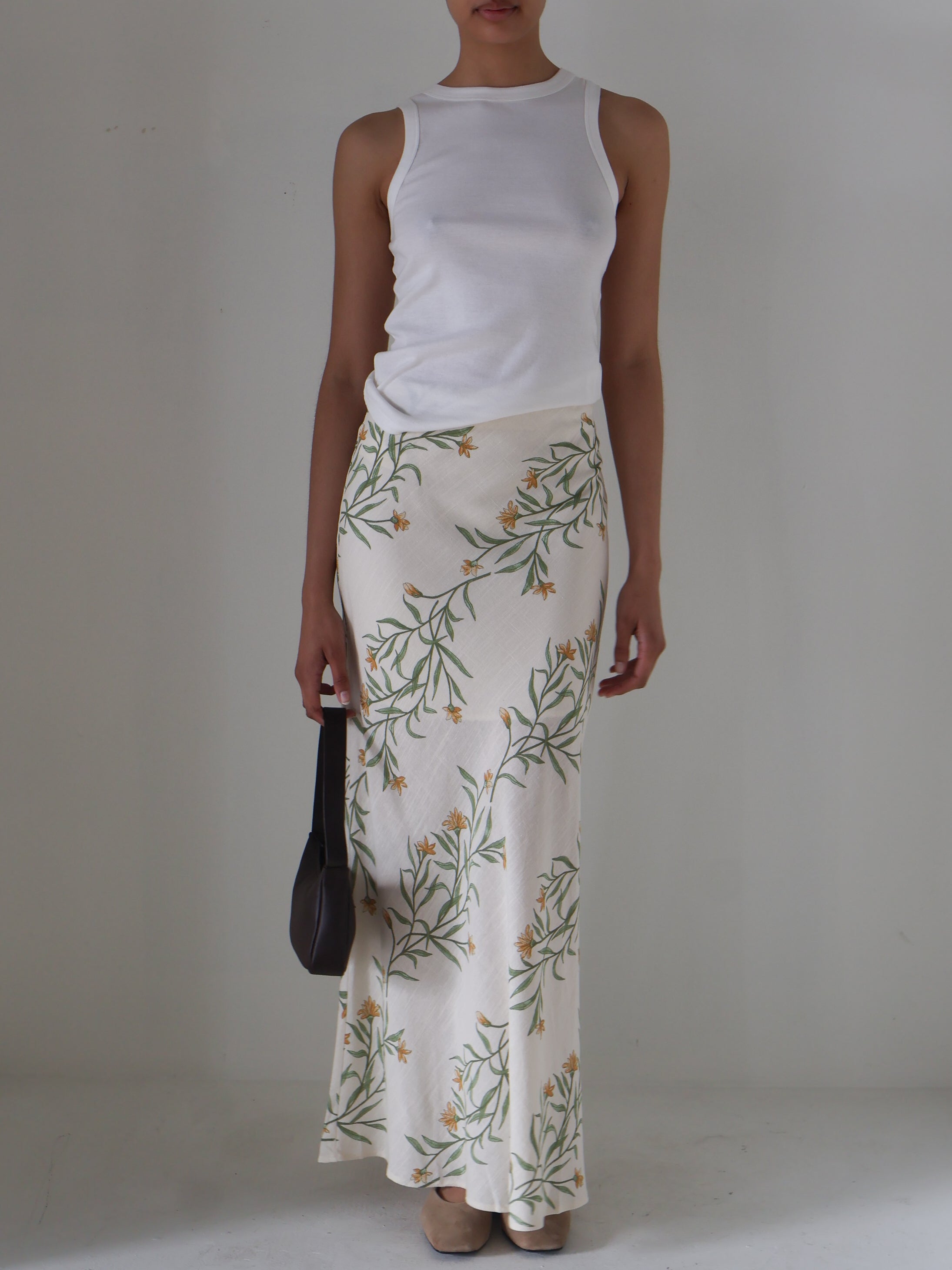 Cream Linen Floral Midi Skirt