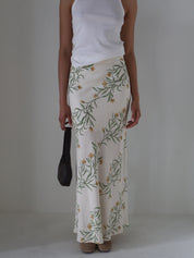 Cream Linen Floral Midi Skirt