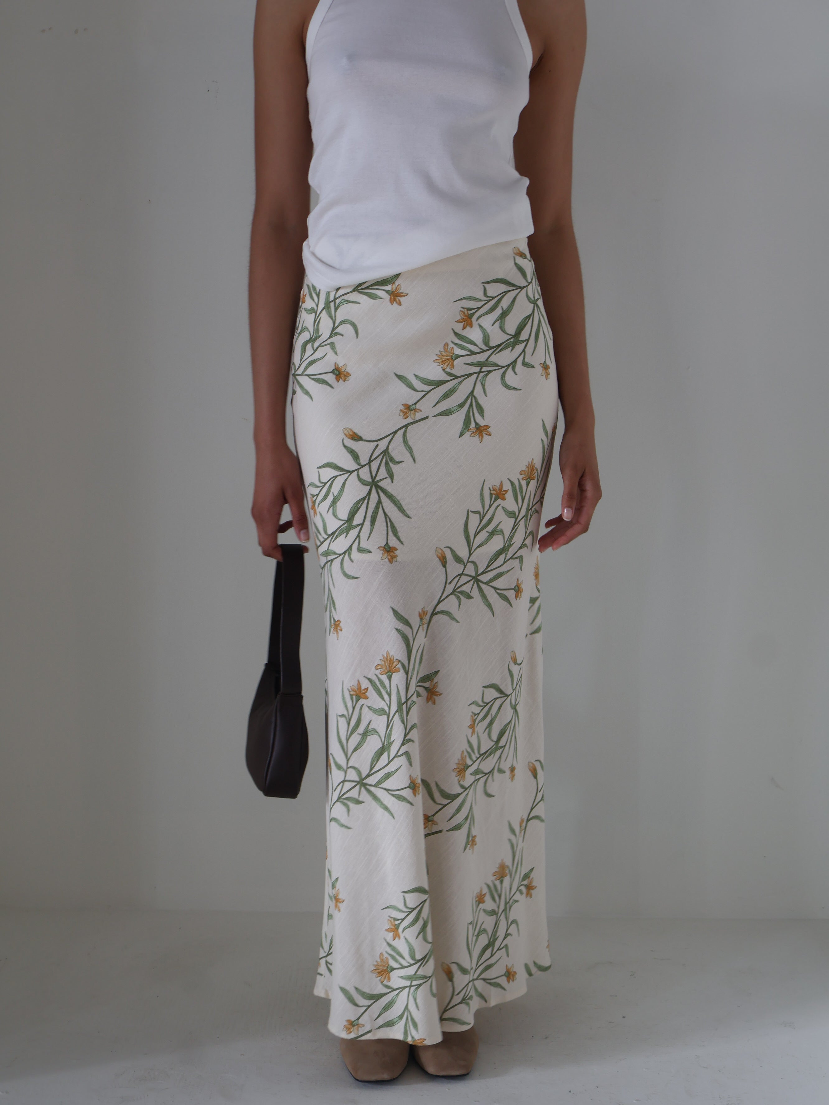 Cream Linen Floral Midi Skirt