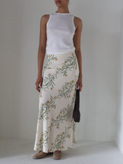 Cream Linen Floral Midi Skirt