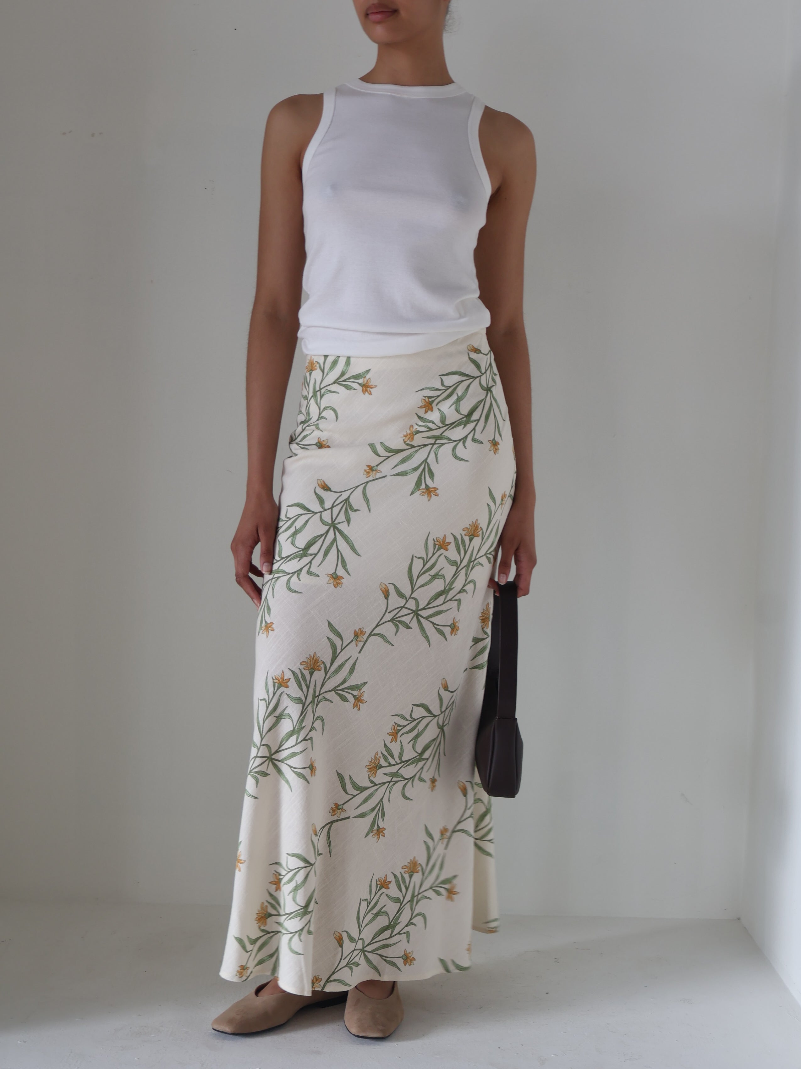 Cream Linen Floral Midi Skirt