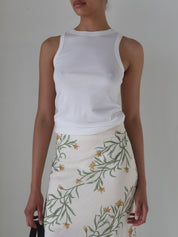 Cream Linen Floral Midi Skirt