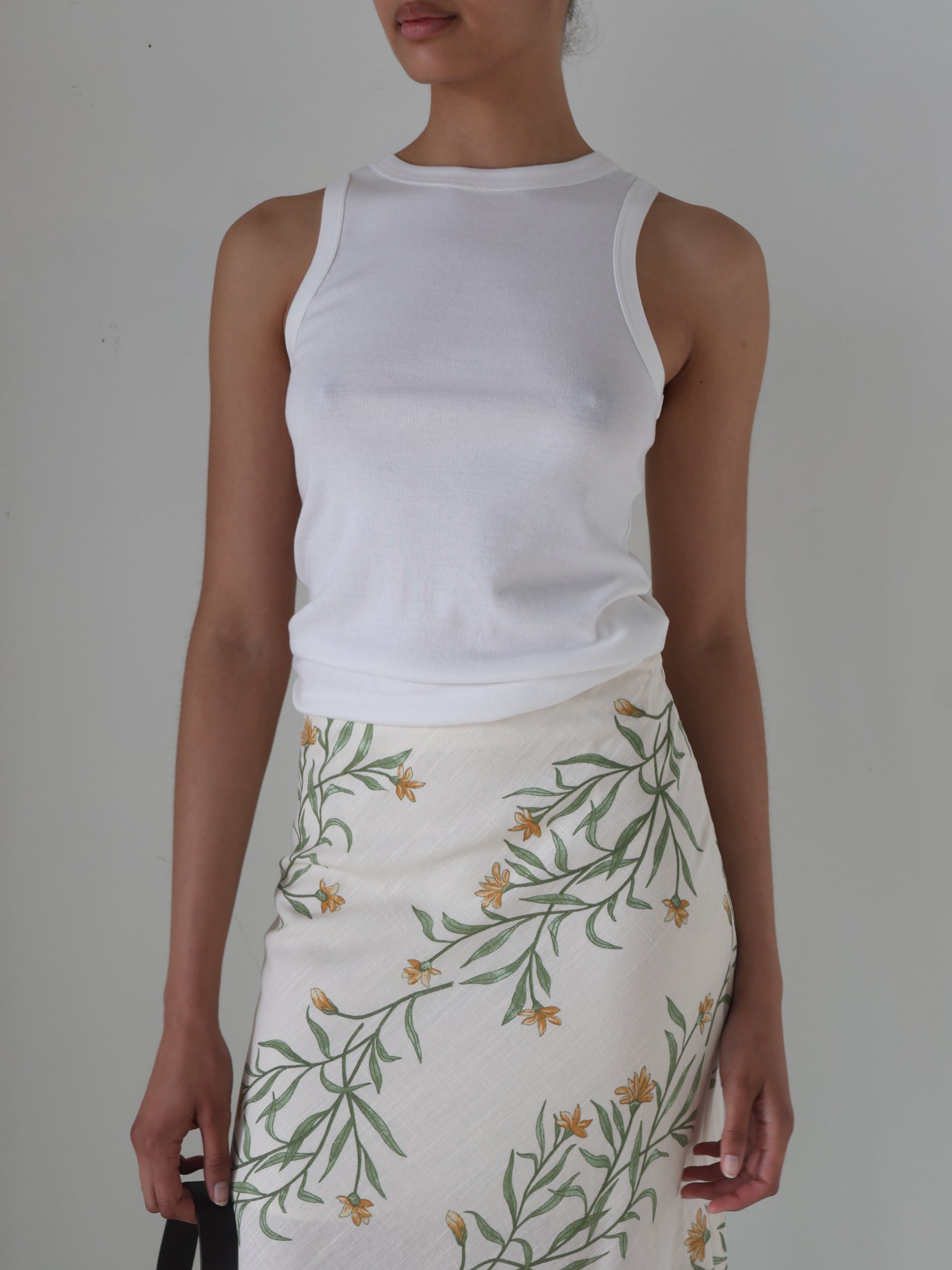 Cream Linen Floral Midi Skirt