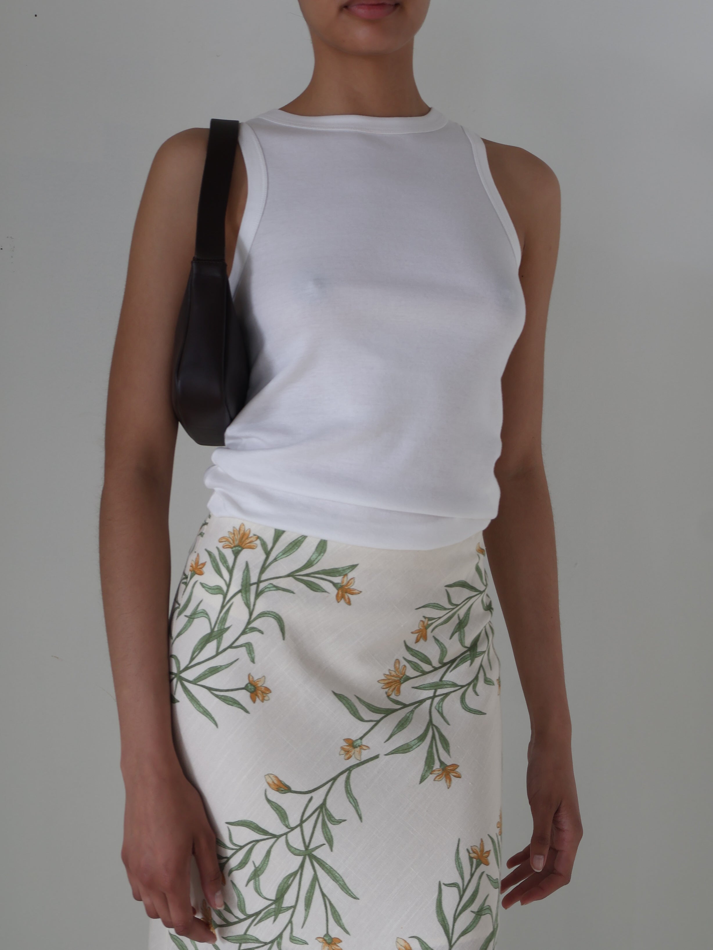 Cream Linen Floral Midi Skirt