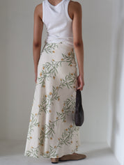 Cream Linen Floral Midi Skirt