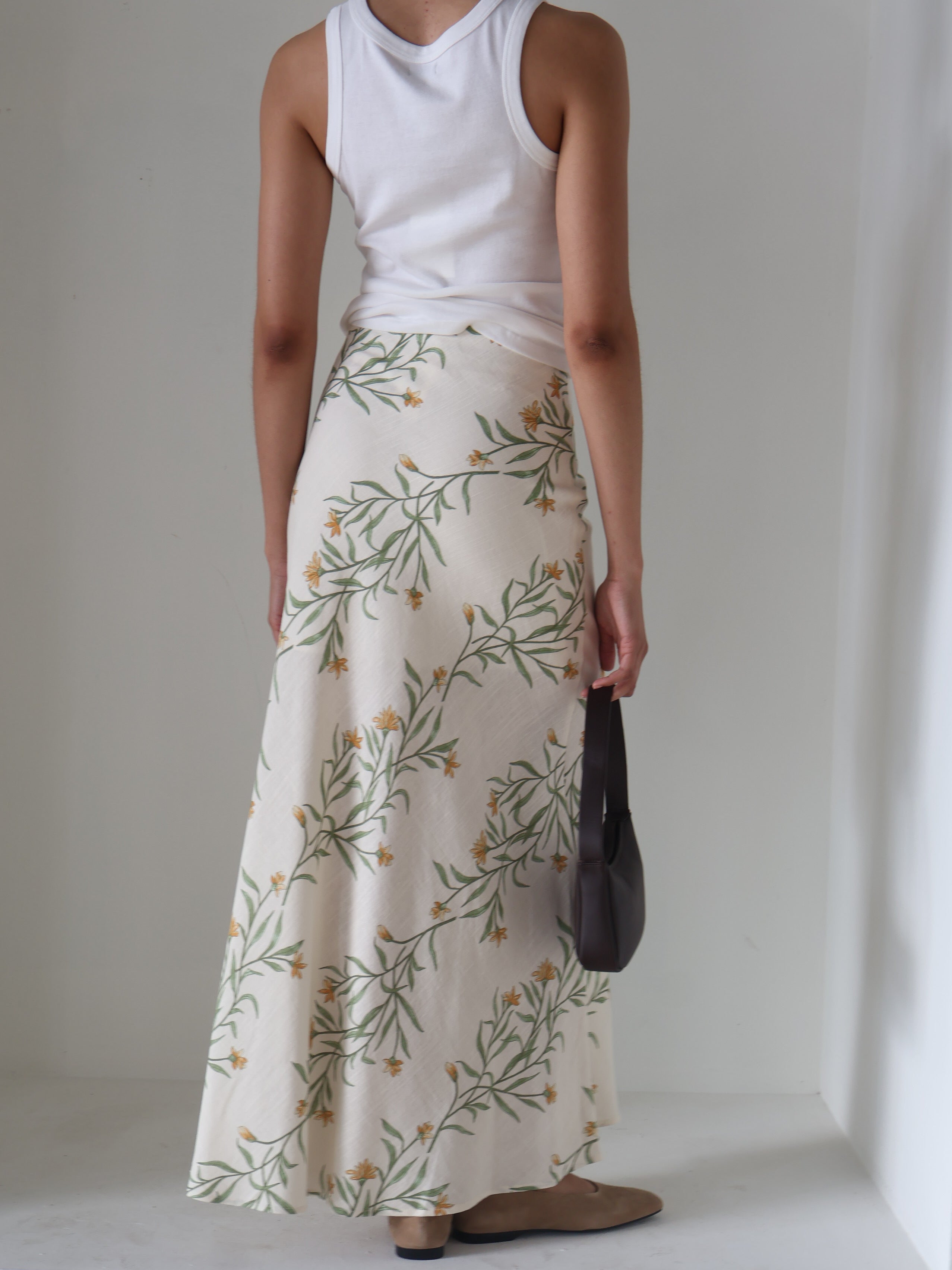 Cream Linen Floral Midi Skirt