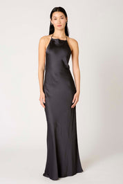 Charcoal Halter Satin Maxi Dress