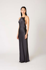 Charcoal Halter Satin Maxi Dress