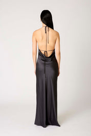 Charcoal Halter Satin Maxi Dress