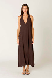 Brown Linen Blend Plunge Halter Maxi Dress
