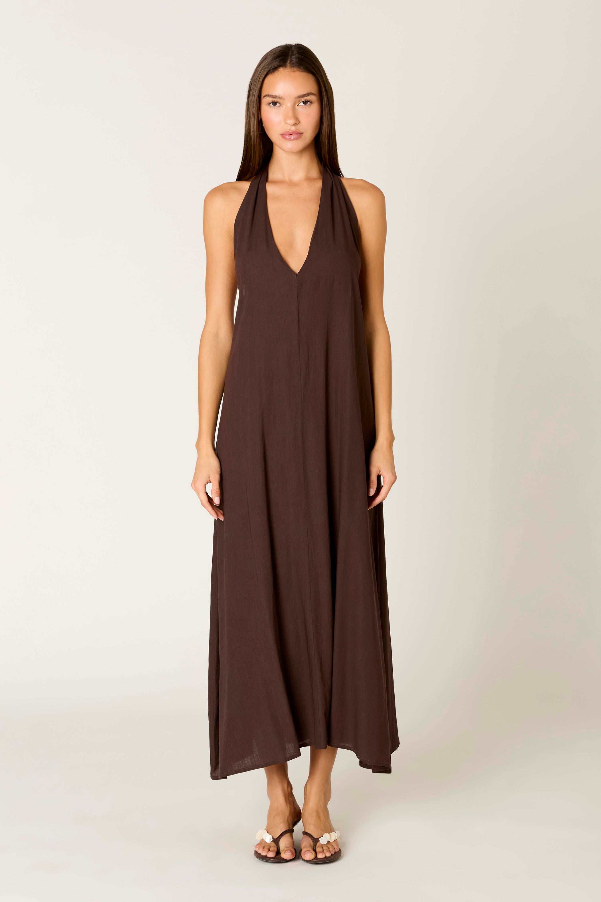 Brown Linen Blend Plunge Halter Maxi Dress
