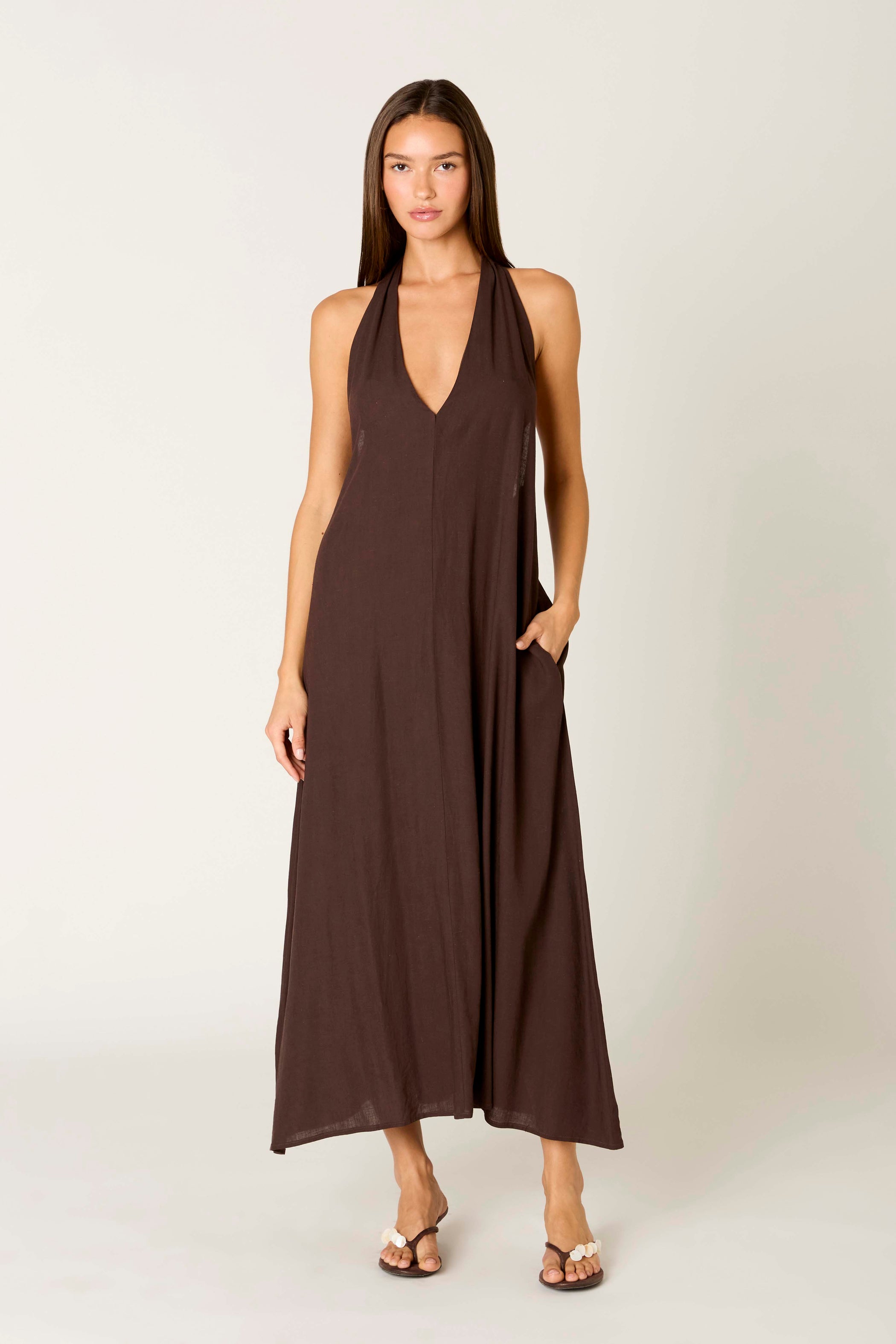 Brown Linen Blend Plunge Halter Maxi Dress