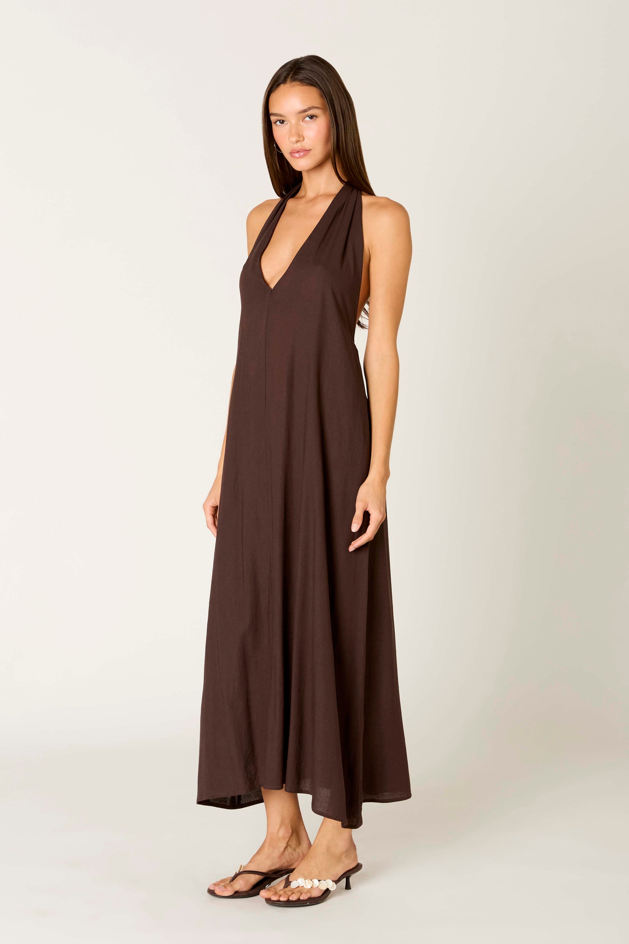 Brown Linen Blend Plunge Halter Maxi Dress