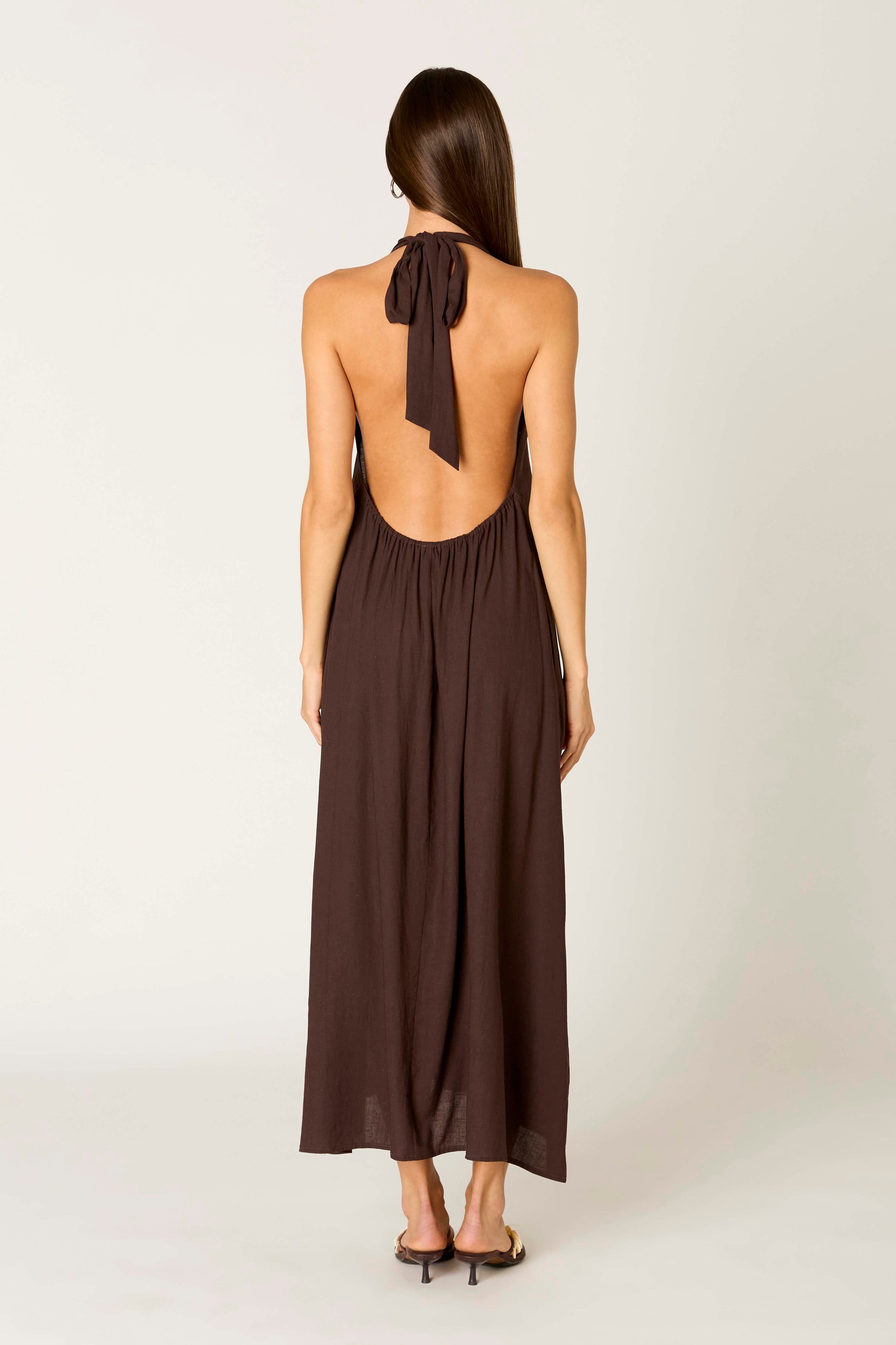 Brown Linen Blend Plunge Halter Maxi Dress