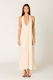 Natural Linen Blend Plunge Halter Maxi Dress