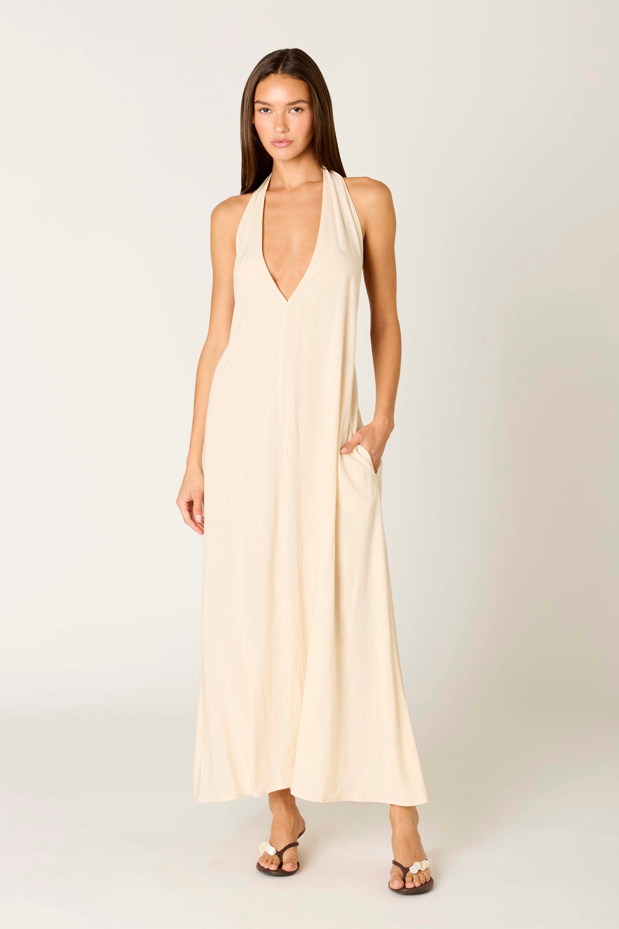 Natural Linen Blend Plunge Halter Maxi Dress