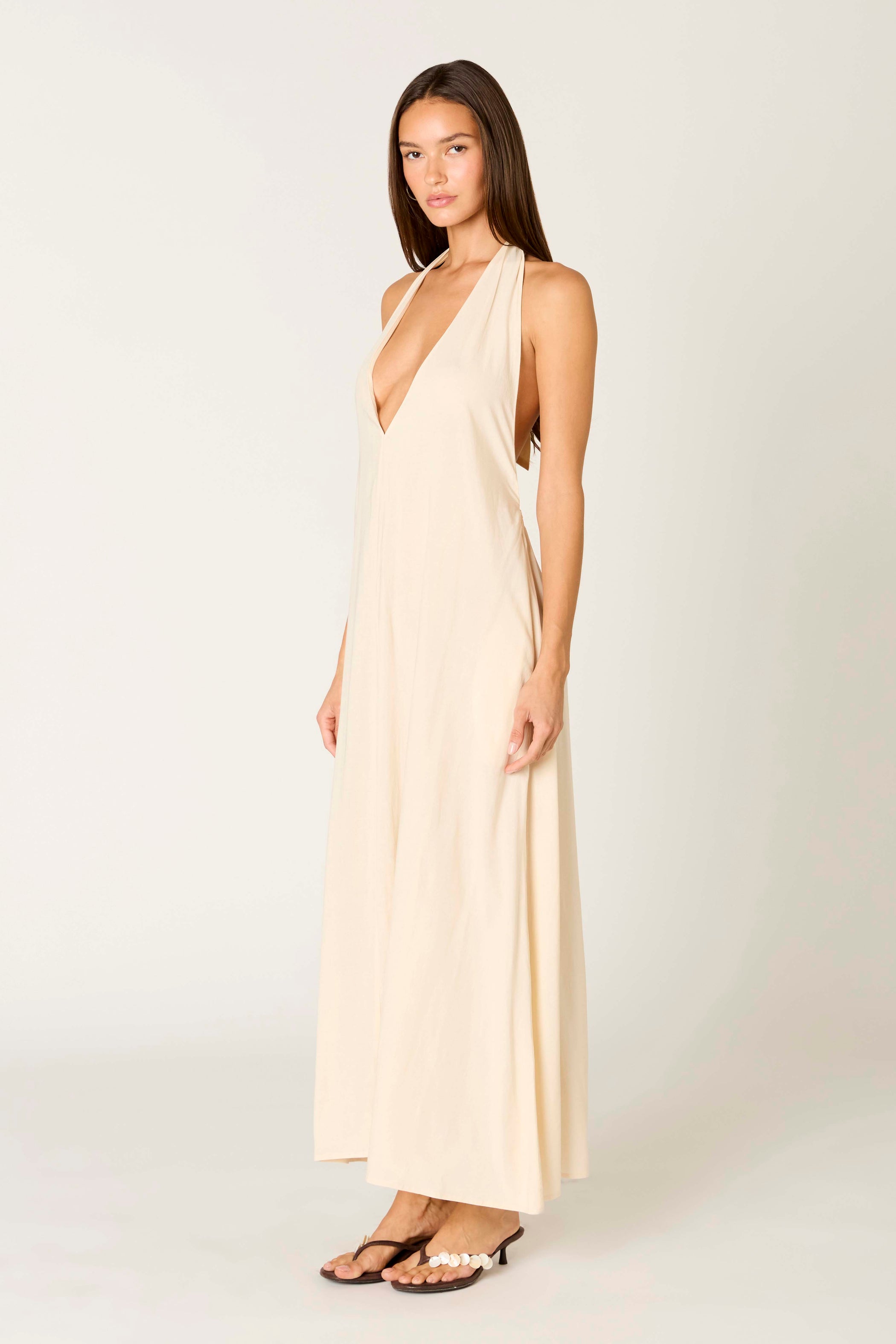 Natural Linen Blend Plunge Halter Maxi Dress