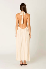 Natural Linen Blend Plunge Halter Maxi Dress