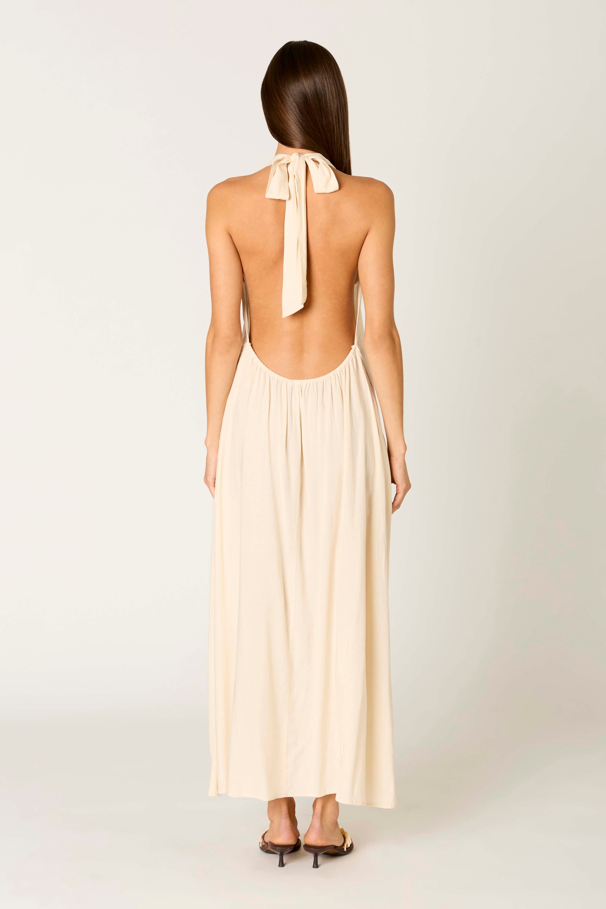 Natural Linen Blend Plunge Halter Maxi Dress