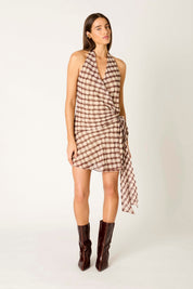 Brown Plaid Halter Quill Dress