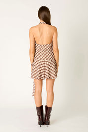 Brown Plaid Halter Quill Dress