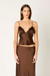 Brown Satin Lace Trim Midi Skirt