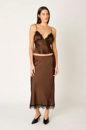 Brown Satin Lace Trim Midi Skirt