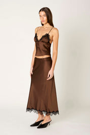 Brown Satin Lace Trim Midi Skirt