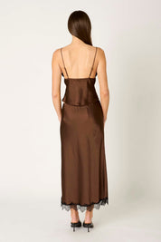 Brown Satin Lace Trim Midi Skirt
